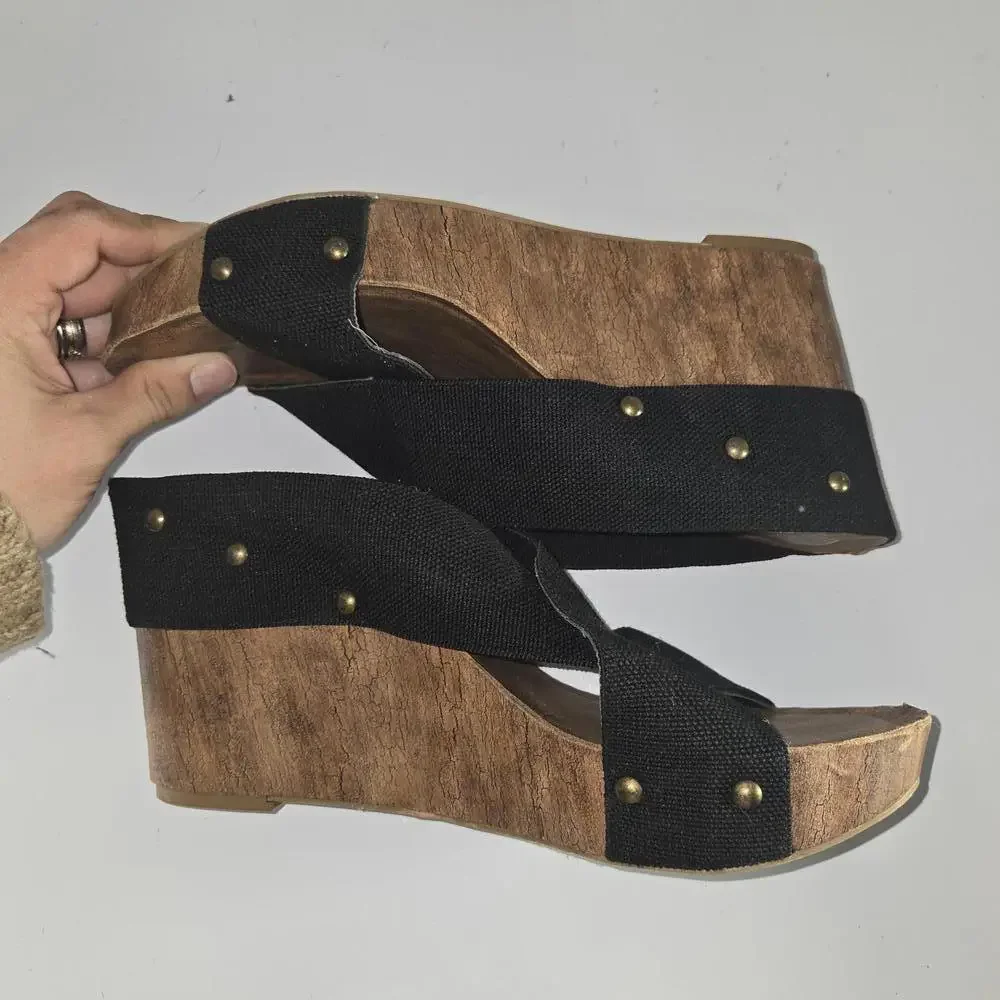 0381 Cato C Est 1946 Wedge Sandals Black Chunky Heel‎ Platform Size 10M